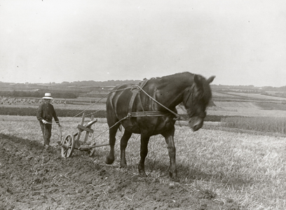 6248 Afbeelding van een boer met paard tijdens het ploegen van een akker, mogelijk in de omgeving van Rhenen.